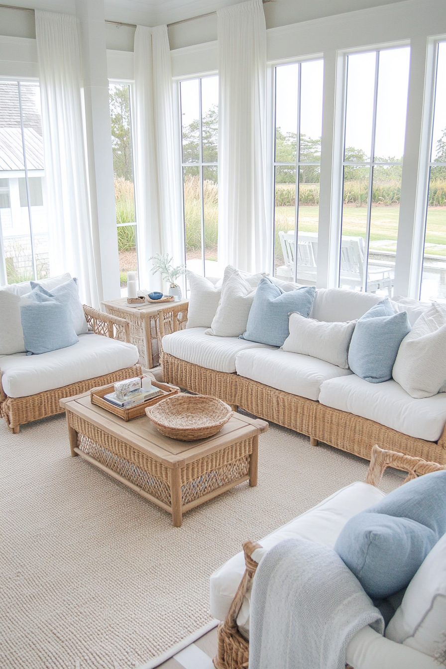 Cozy coastal living room with plush seating and natural textures.