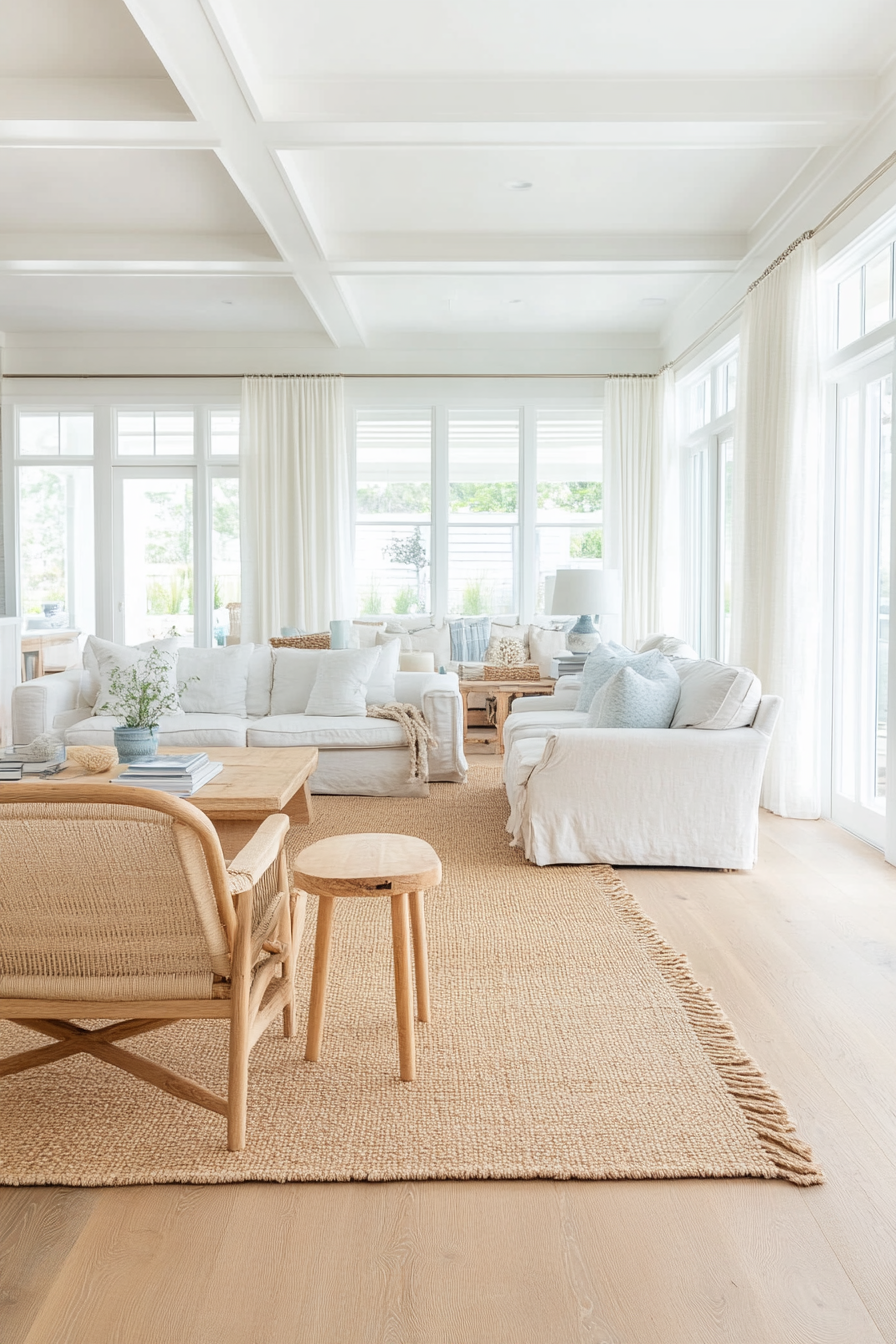 Neutral coastal living room with whitewashed wood furniture and linen slipcovers.