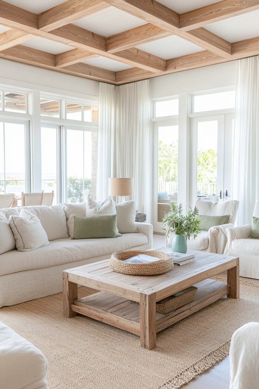 Neutral coastal living room with whitewashed wood furniture and linen slipcovers.