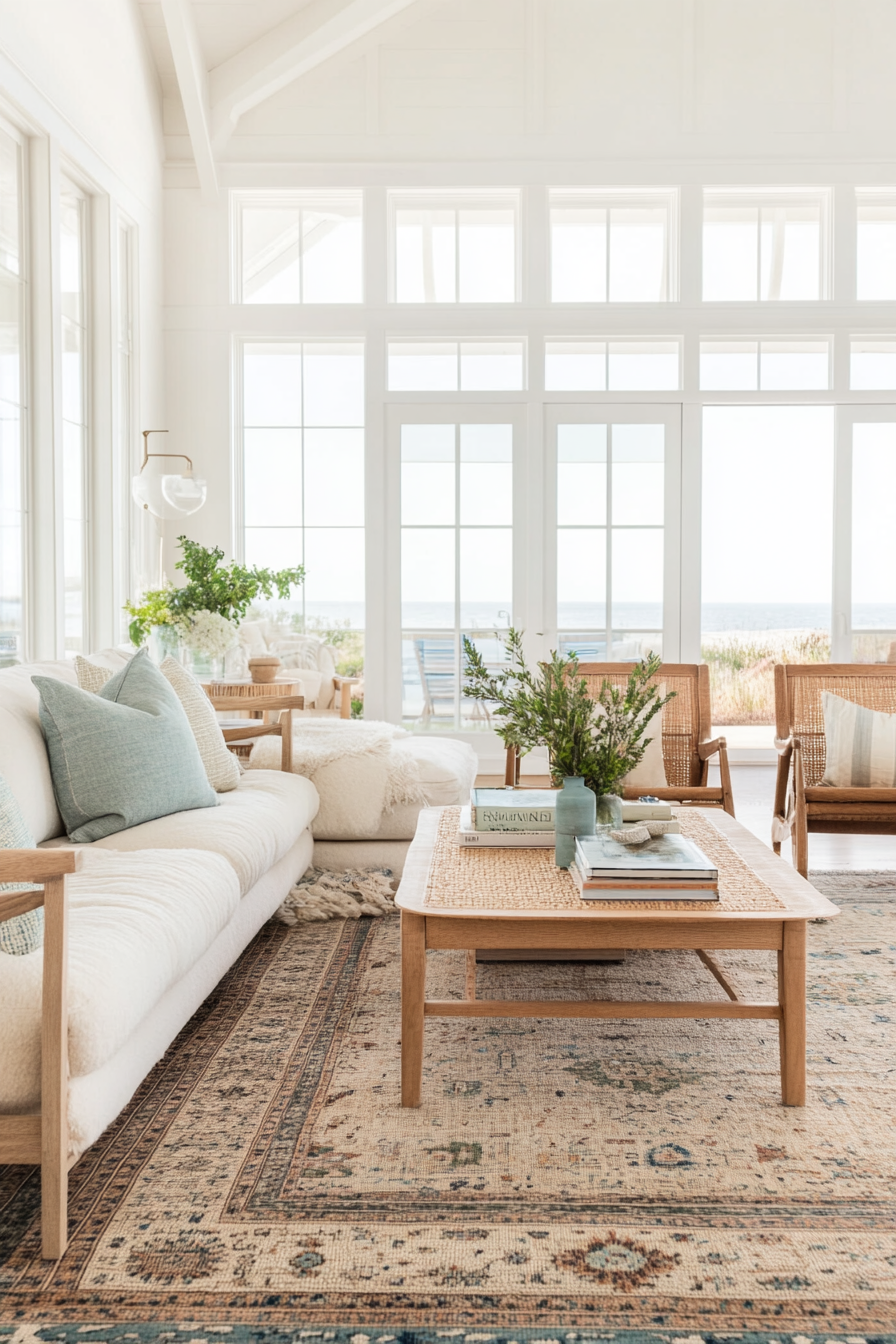 Coastal living room with a large natural fiber rug.