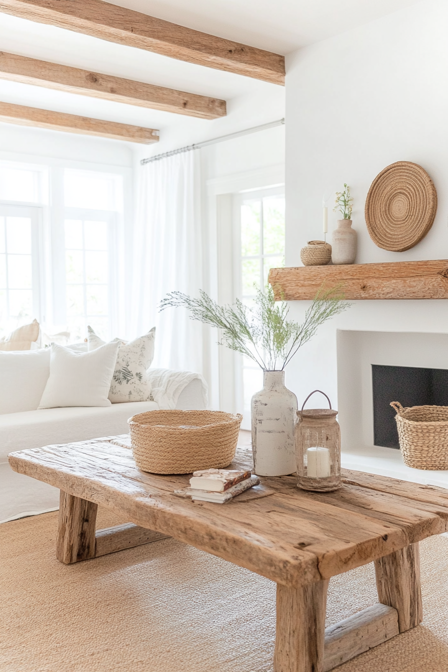 Coastal living room with rustic touches and weathered wood furniture.