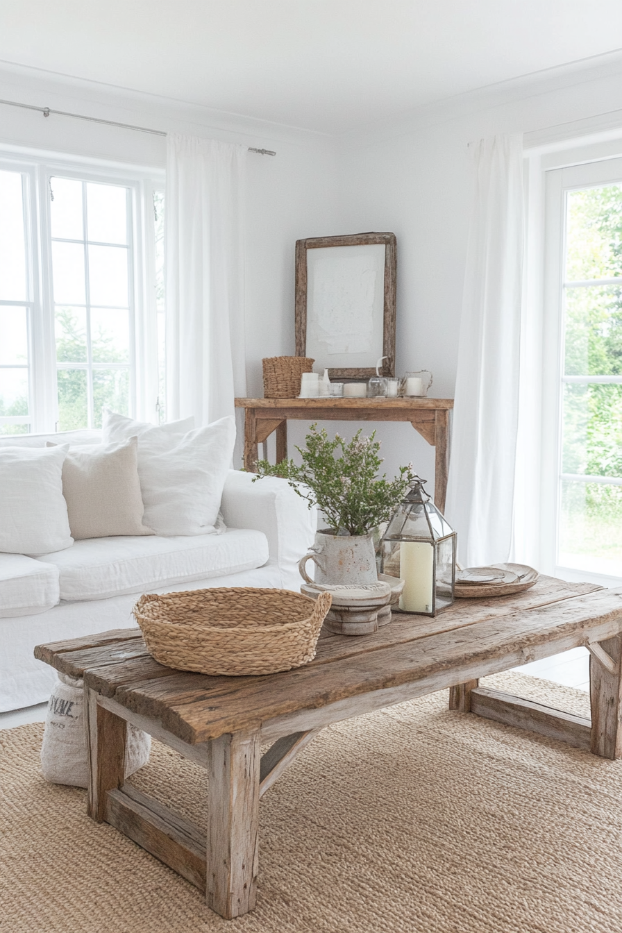 Coastal living room with rustic touches and weathered wood furniture.