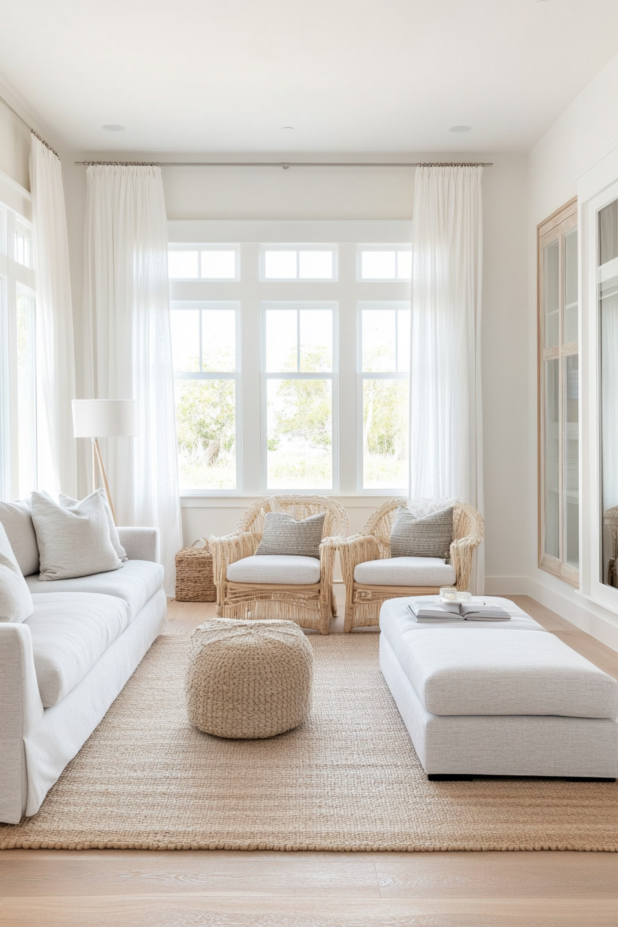 Cozy small coastal living room with light-colored walls and sheer curtains.