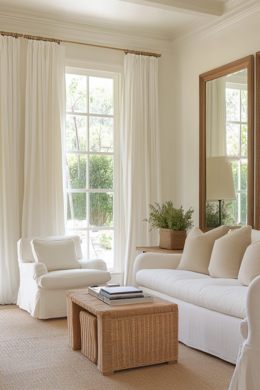 Cozy small coastal living room with light-colored walls and sheer curtains.