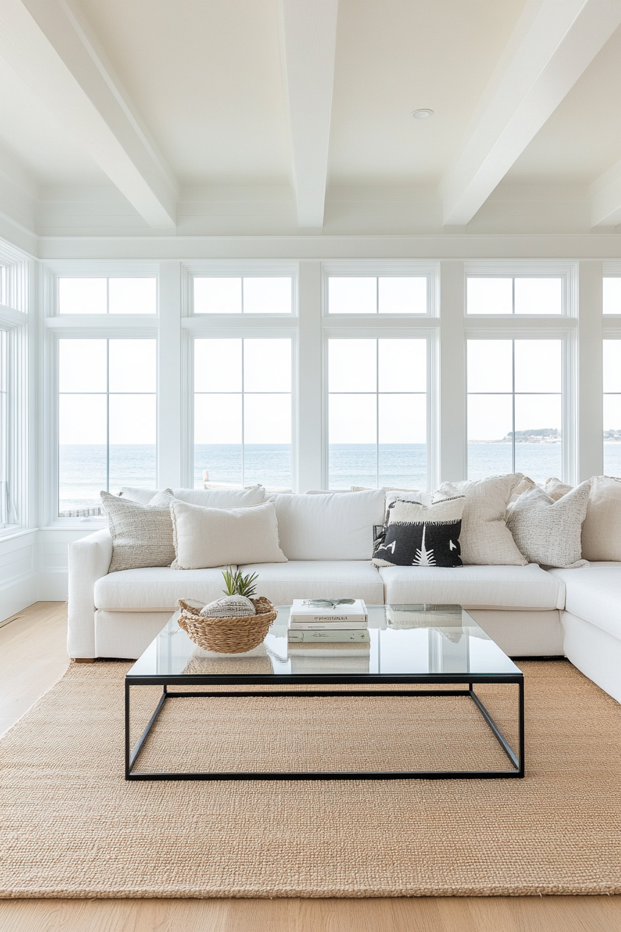 Contemporary coastal living room with sleek furniture and minimalist decor.