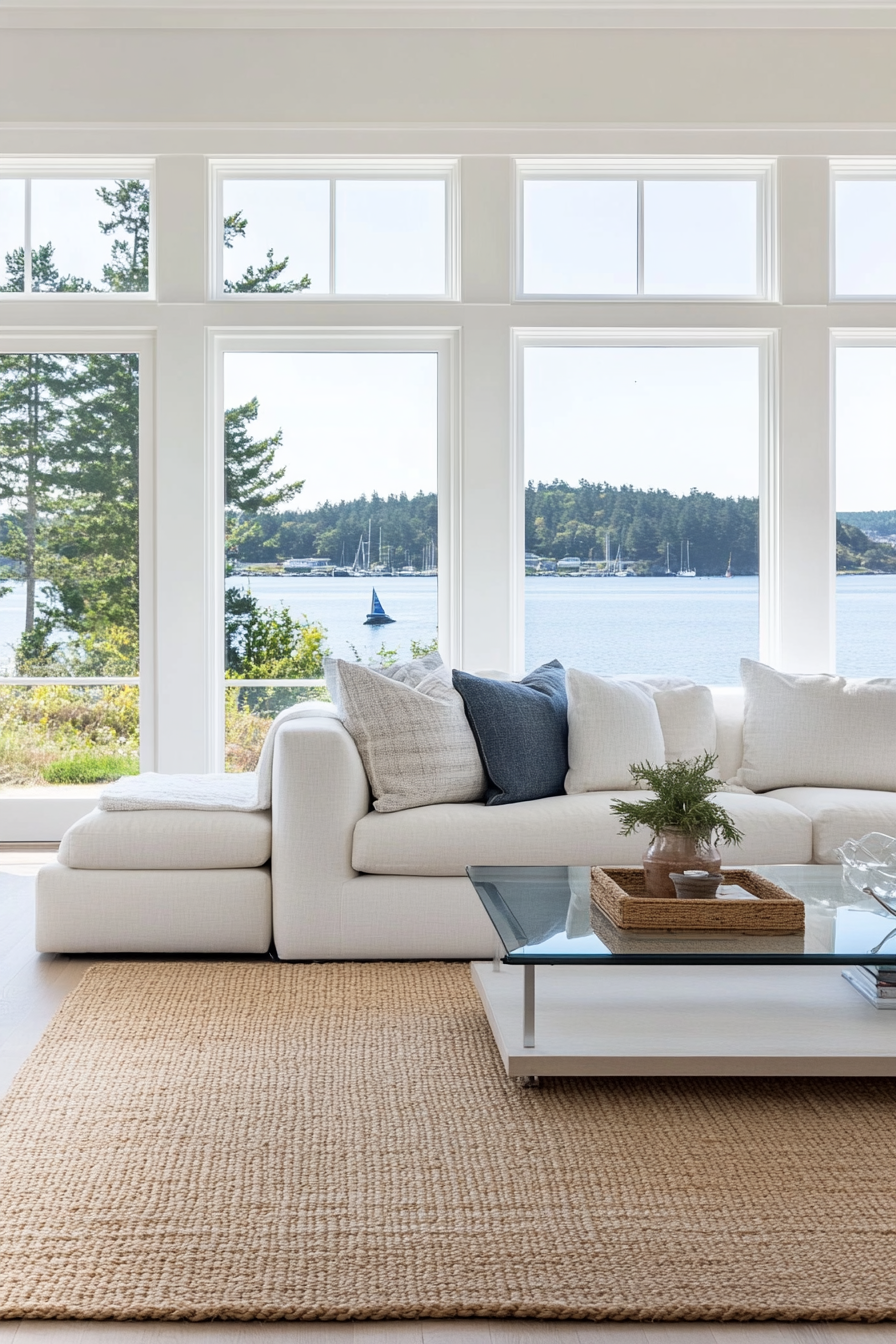Contemporary coastal living room with sleek furniture and minimalist decor.
