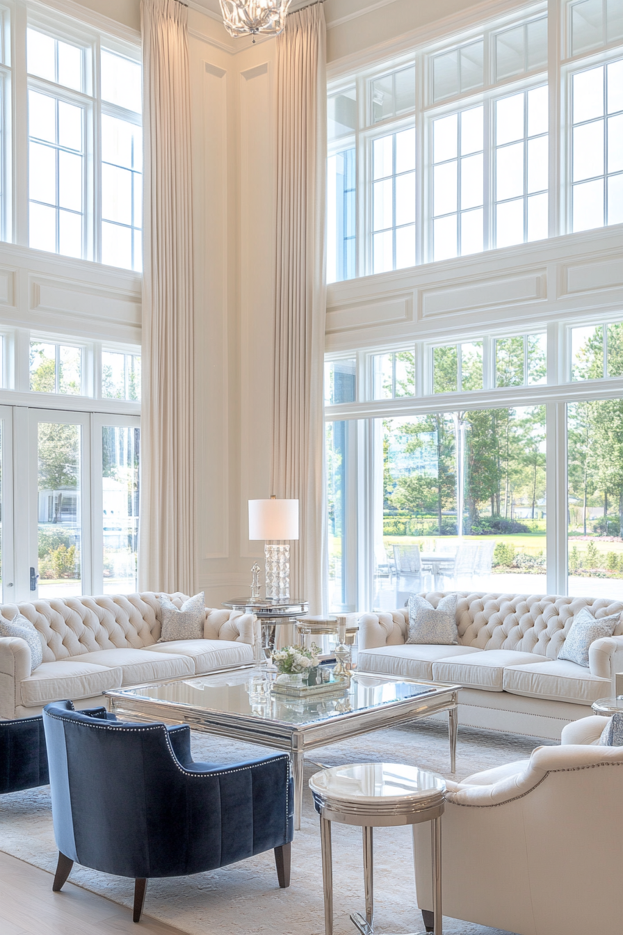 Elegant coastal living room with a neutral color palette and luxurious textiles.