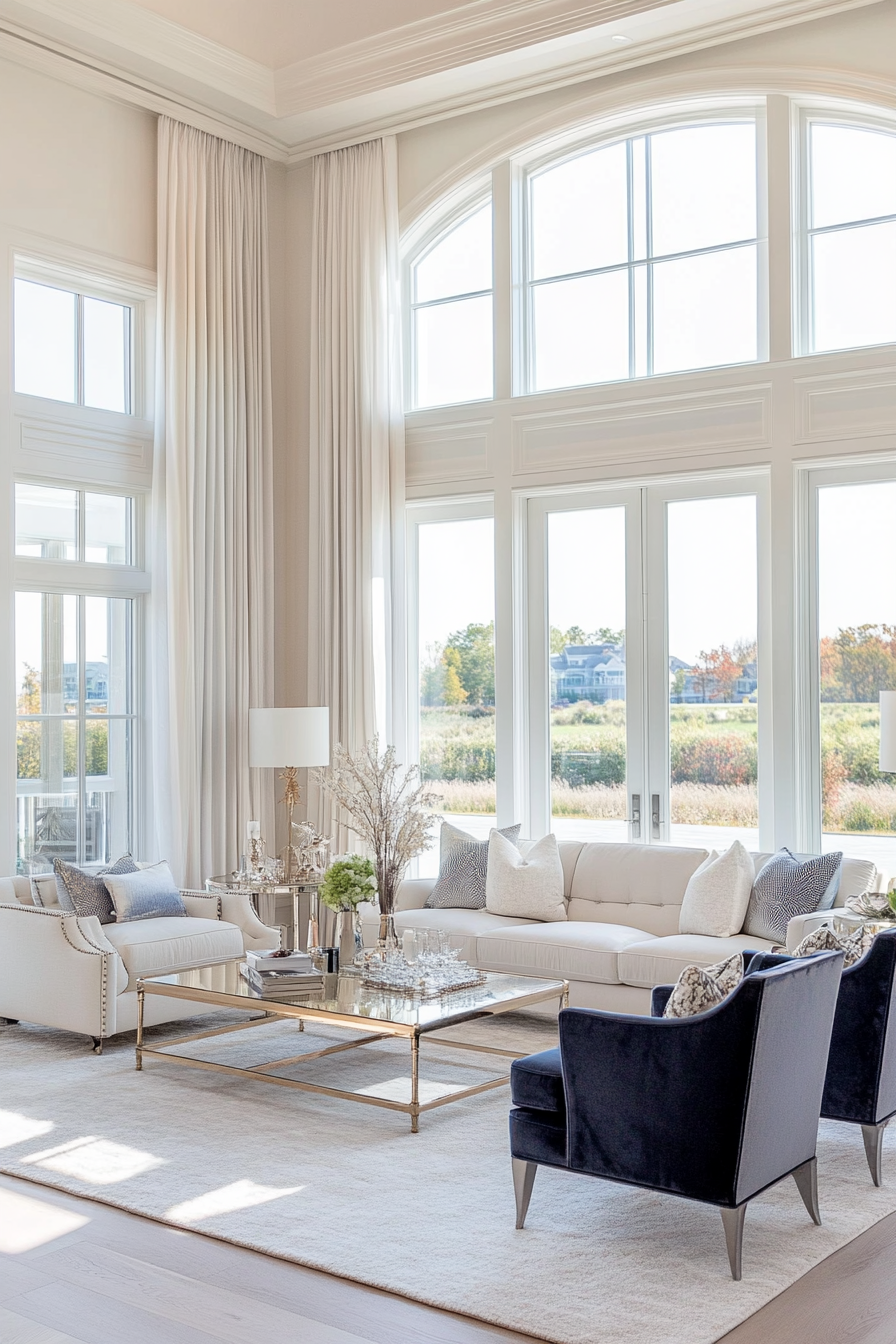 Elegant coastal living room with a neutral color palette and luxurious textiles.