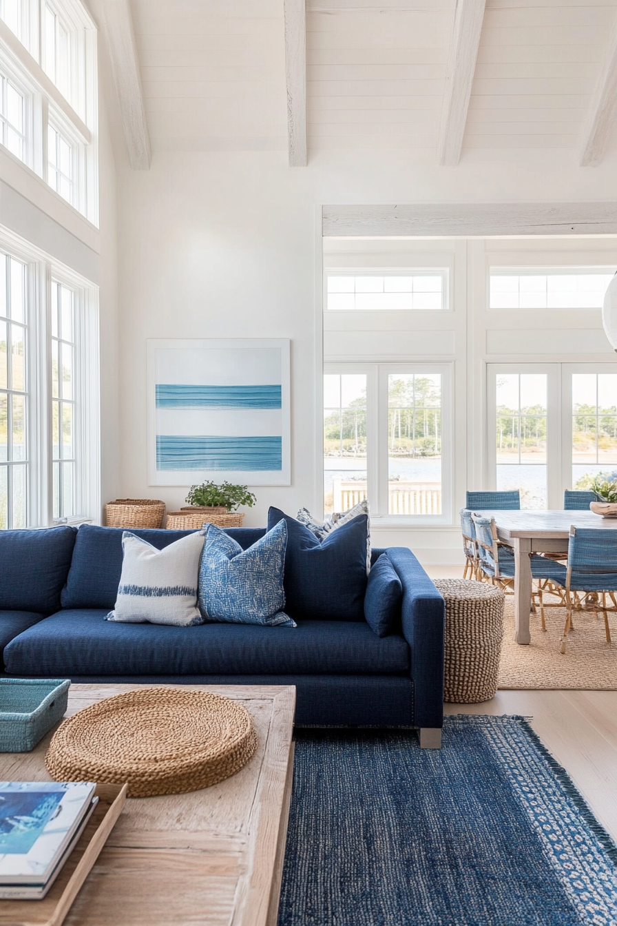 Coastal living room with blue as the focal point, featuring a navy blue sofa.