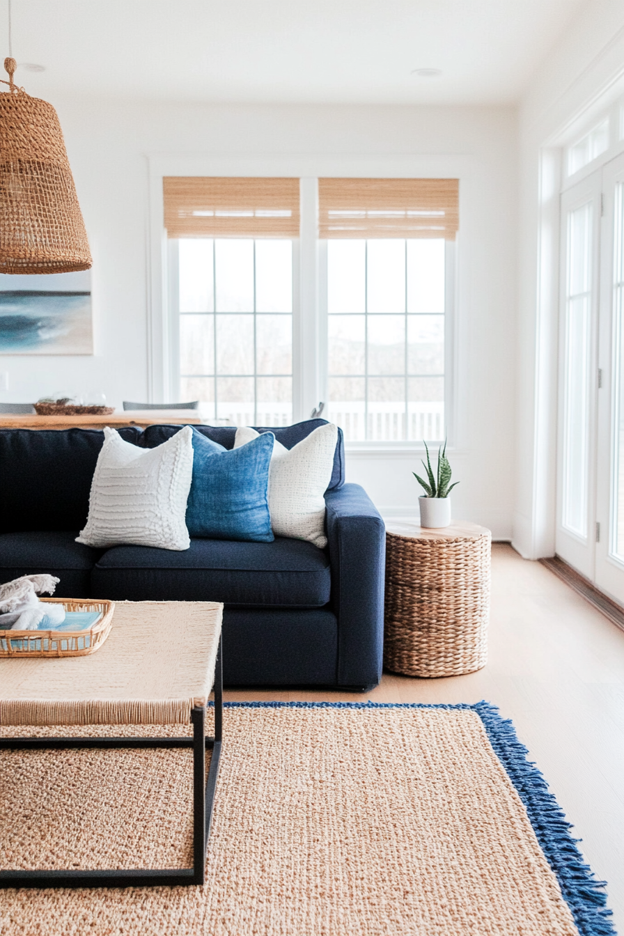 Coastal living room with blue as the focal point, featuring a navy blue sofa.