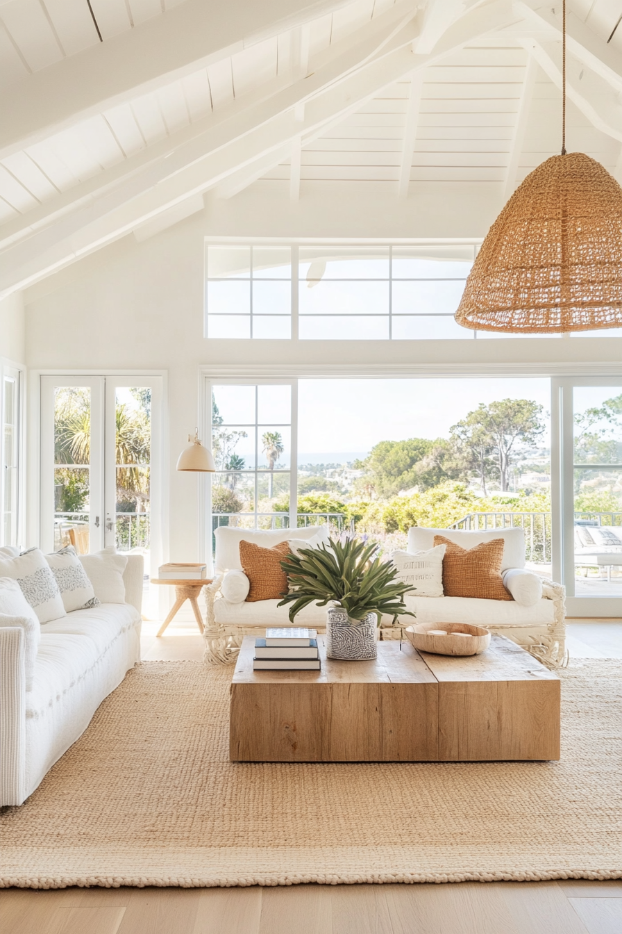California-style coastal living room with a neutral base and pops of color.