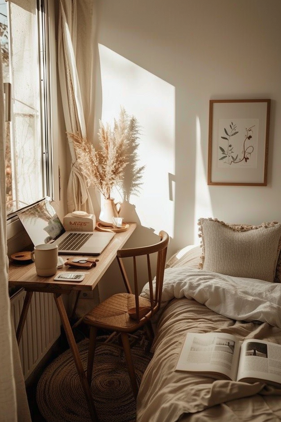 Desk setup in a bedroom corner