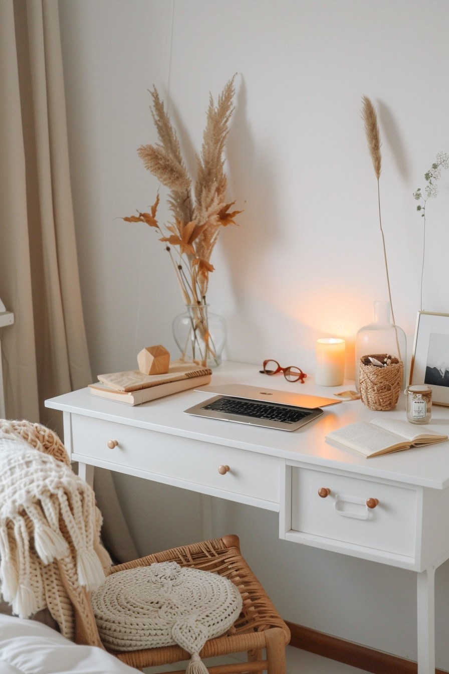Cozy textiles and personalized decor in bedroom workspace