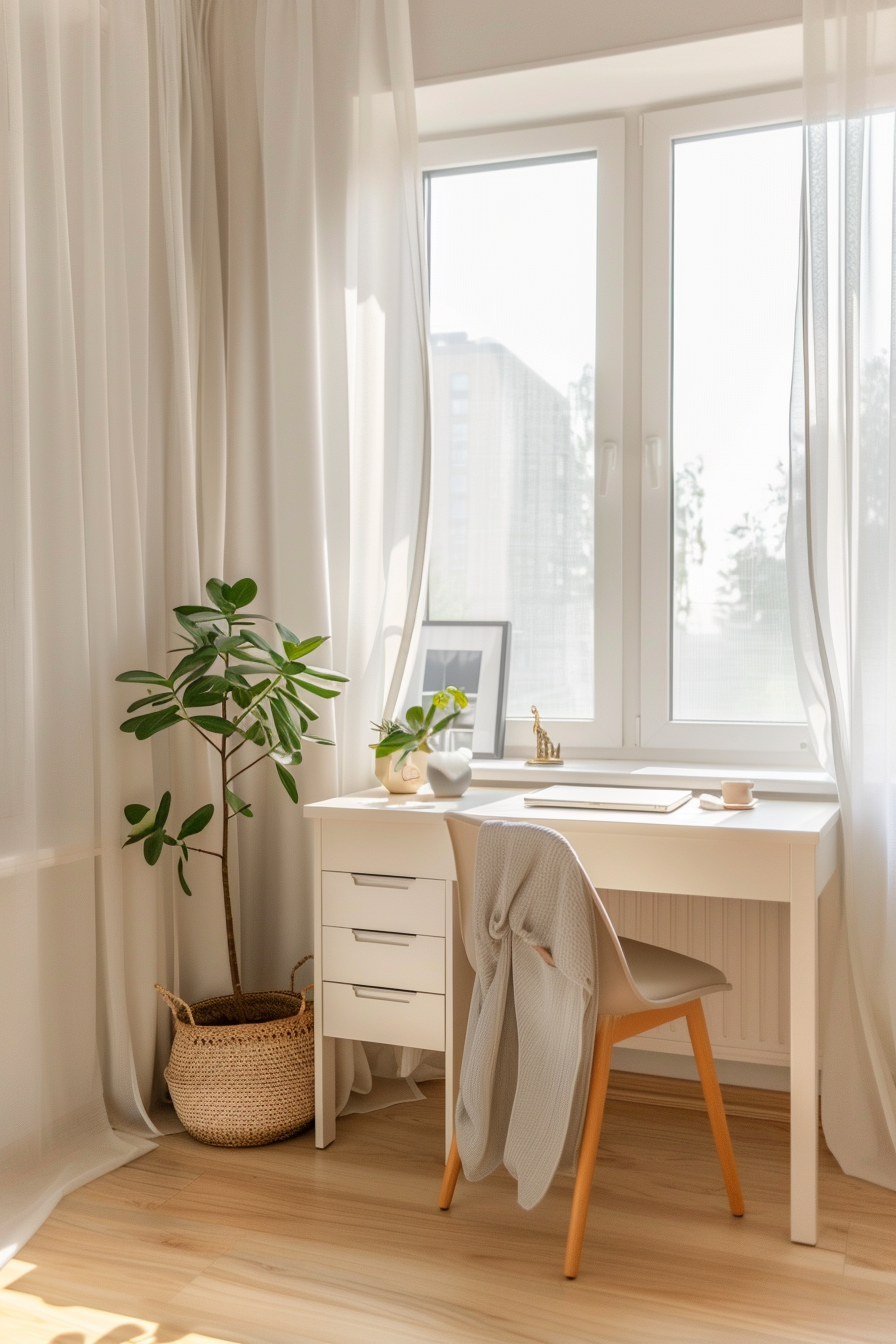 Compact desk with built-in storage and minimalist decor