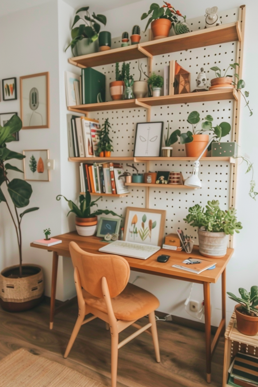 Desk setup with vertical shelving