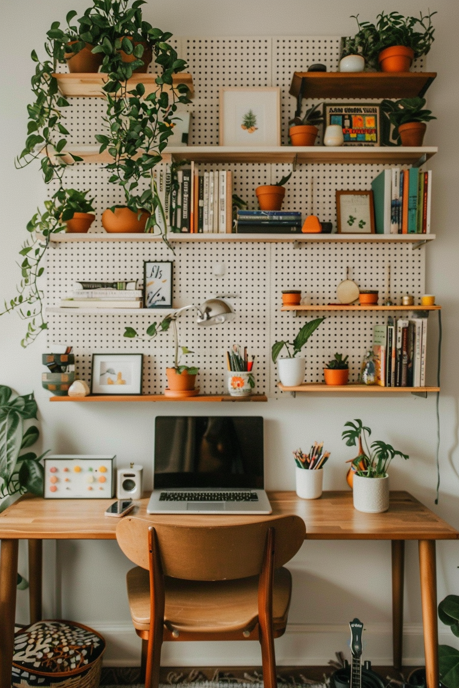 Floating shelves and pegboard above desk