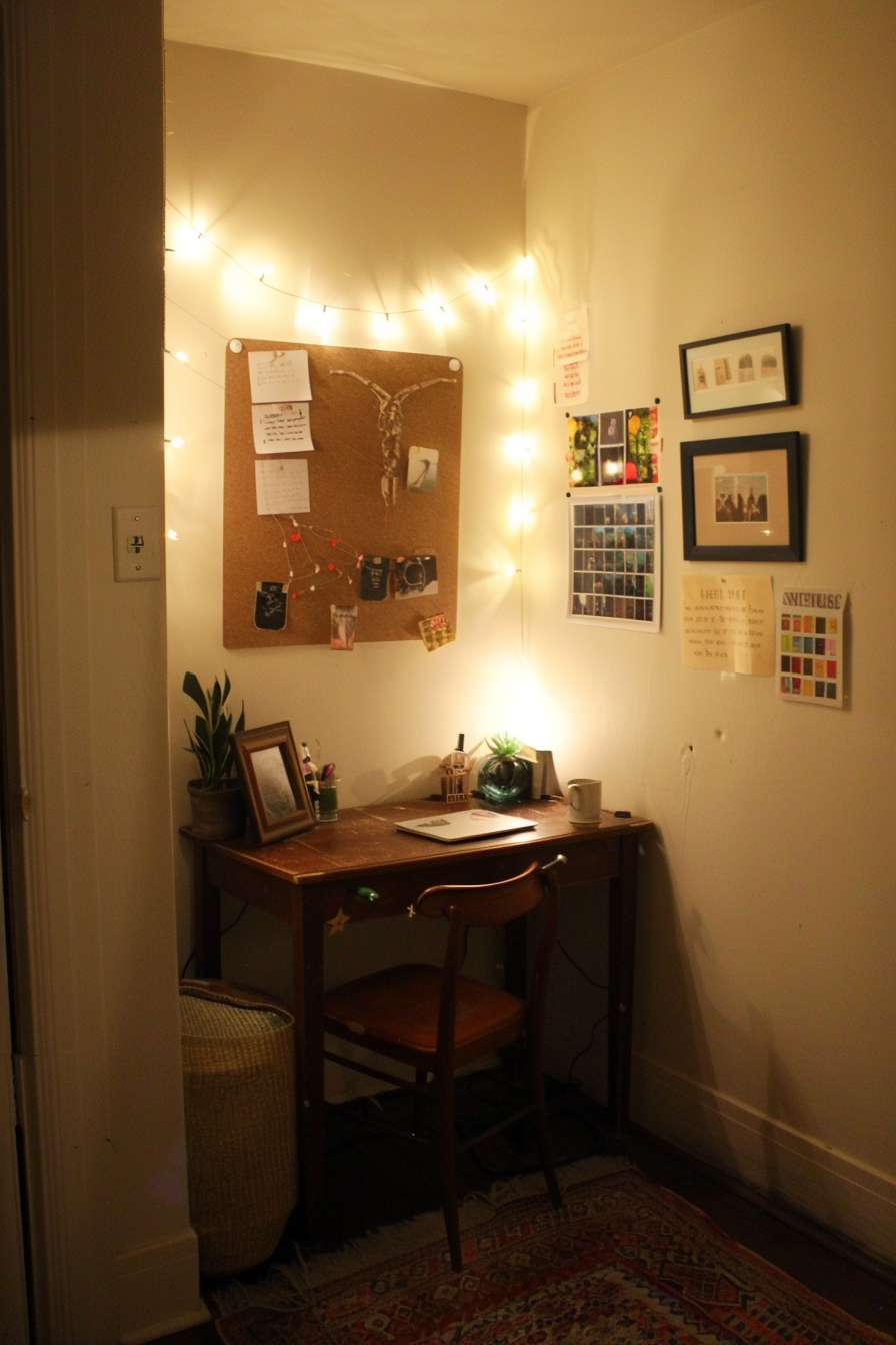 Wall-mounted organizers and corkboard in desk nook