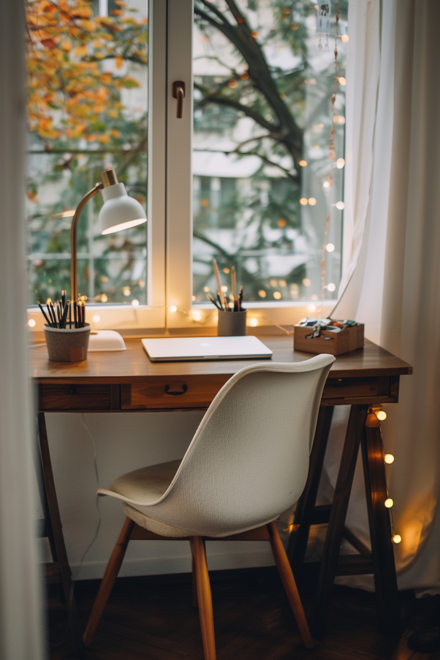 Desk setup with soft lighting and string lights