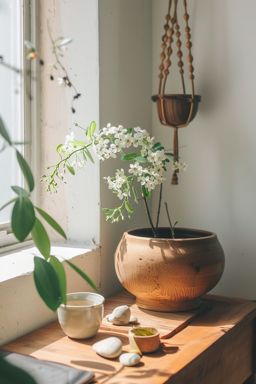 Desk setup with natural elements like plants and wooden accessories