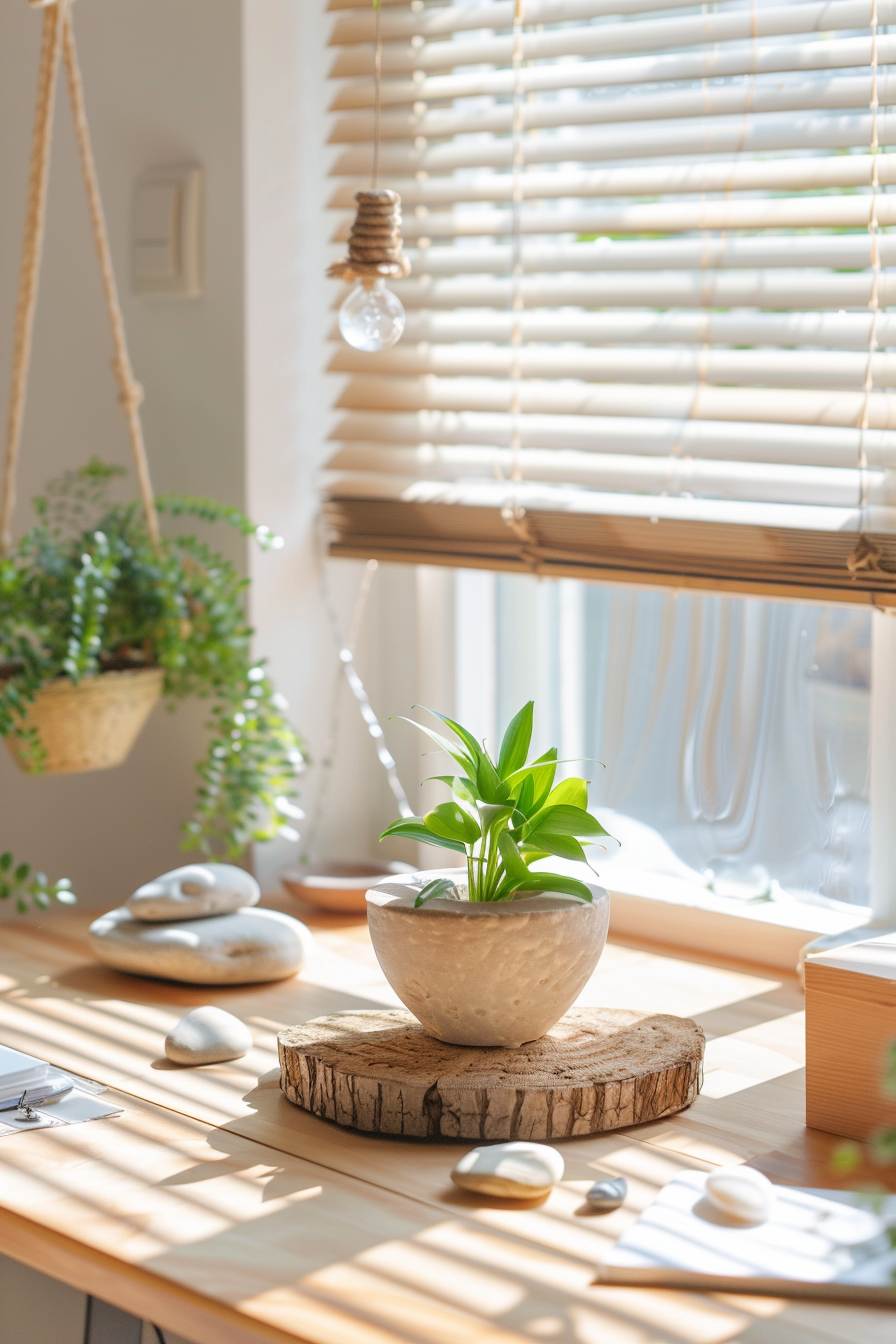 Hanging plant and wooden organizers on desk