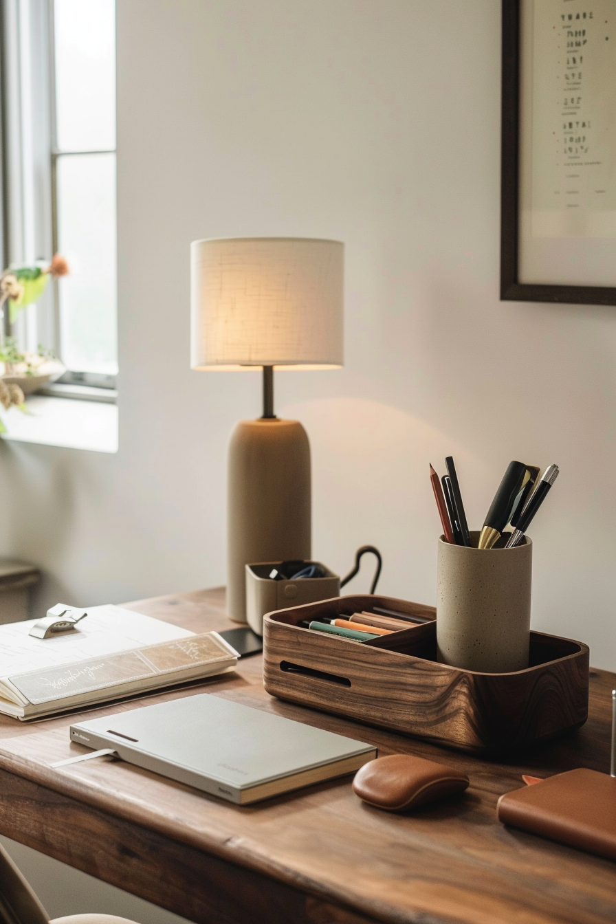 Desk lamp with built-in charging ports and organized workspace