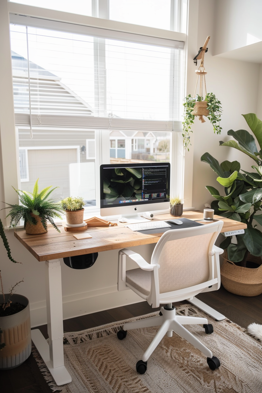 Ergonomic desk setup with monitor stand and accessories