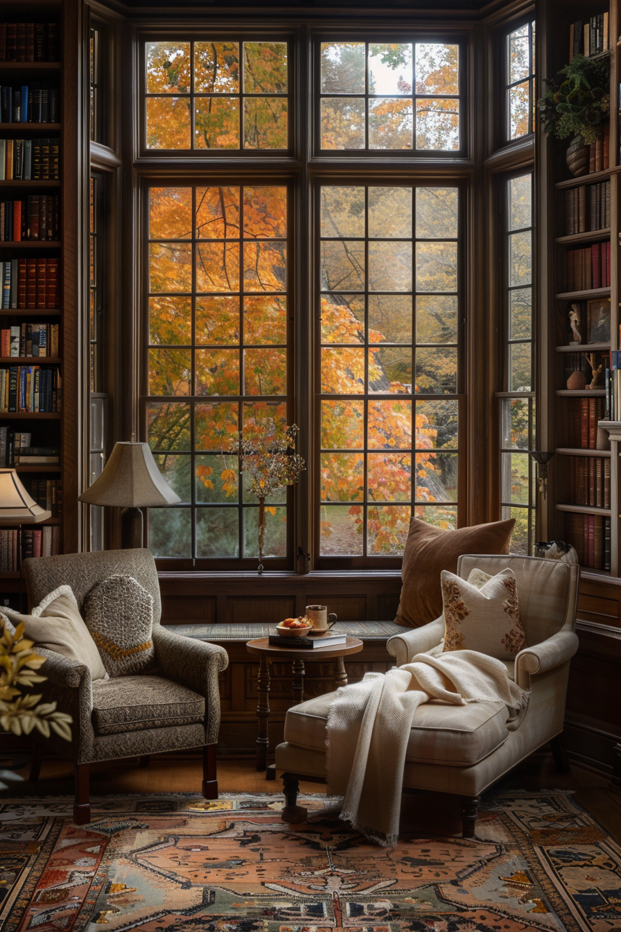 A cozy reading space with multiple seating options.