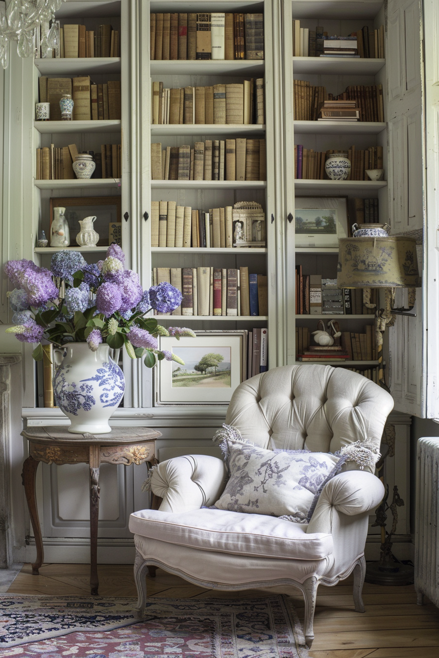 A cozy French country-style home library.