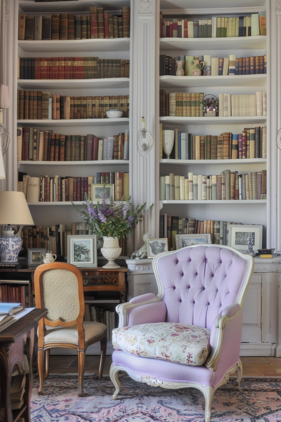 A cozy French country-style home library.