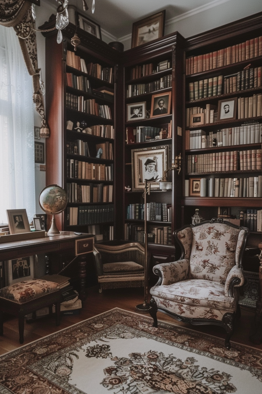 A cozy vintage-style home library.