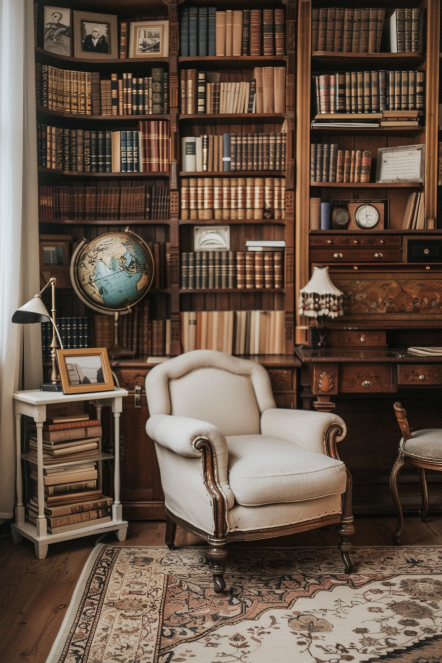 A cozy vintage-style home library.