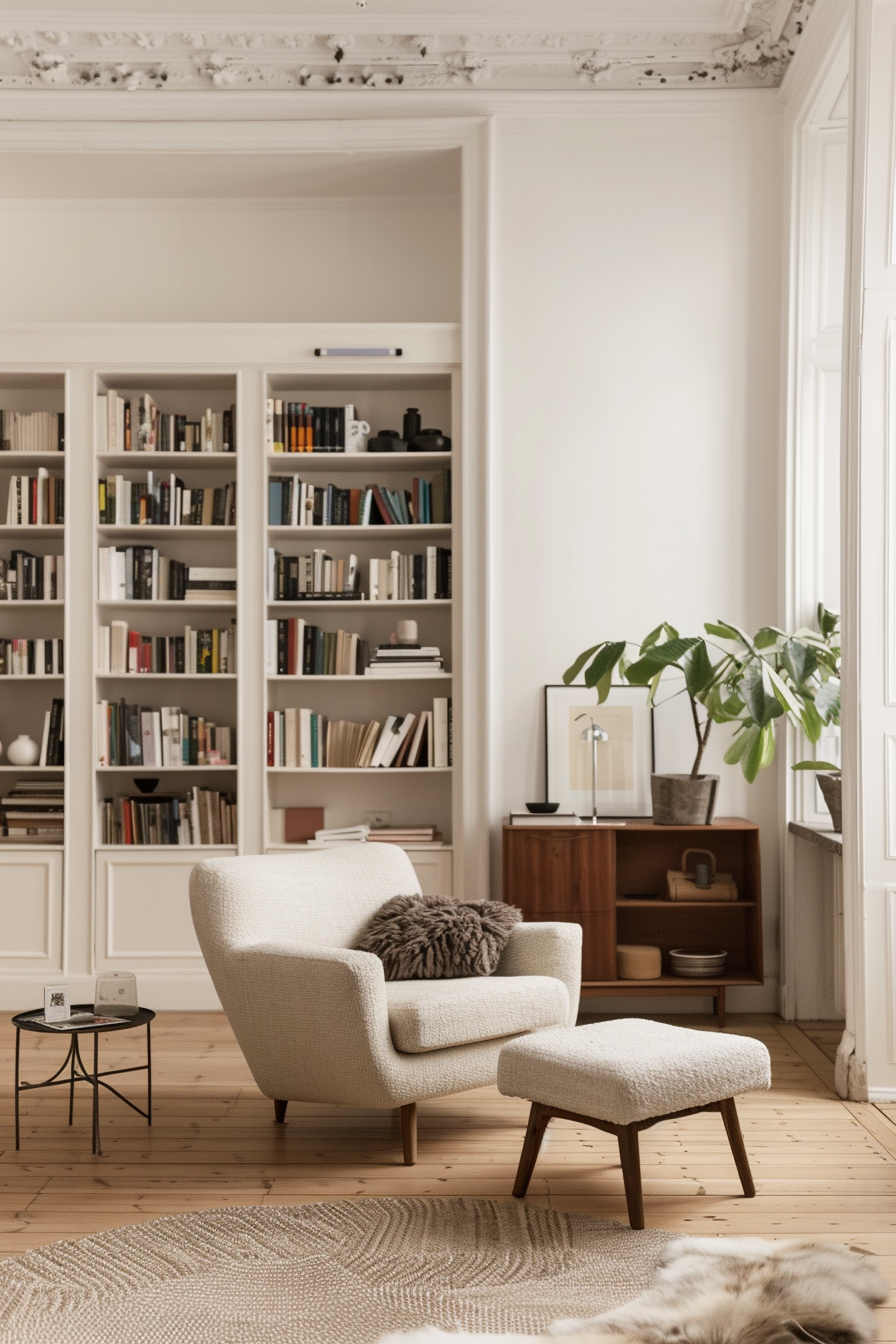 A cozy Scandinavian minimalist home library.