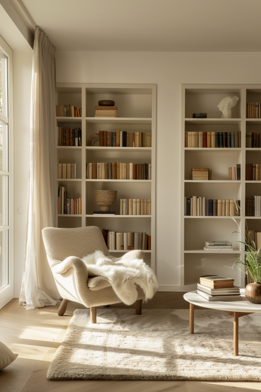 A cozy Scandinavian minimalist home library.
