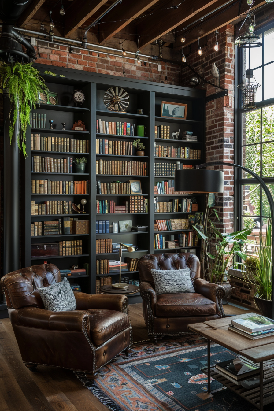 A cozy industrial-style home library.