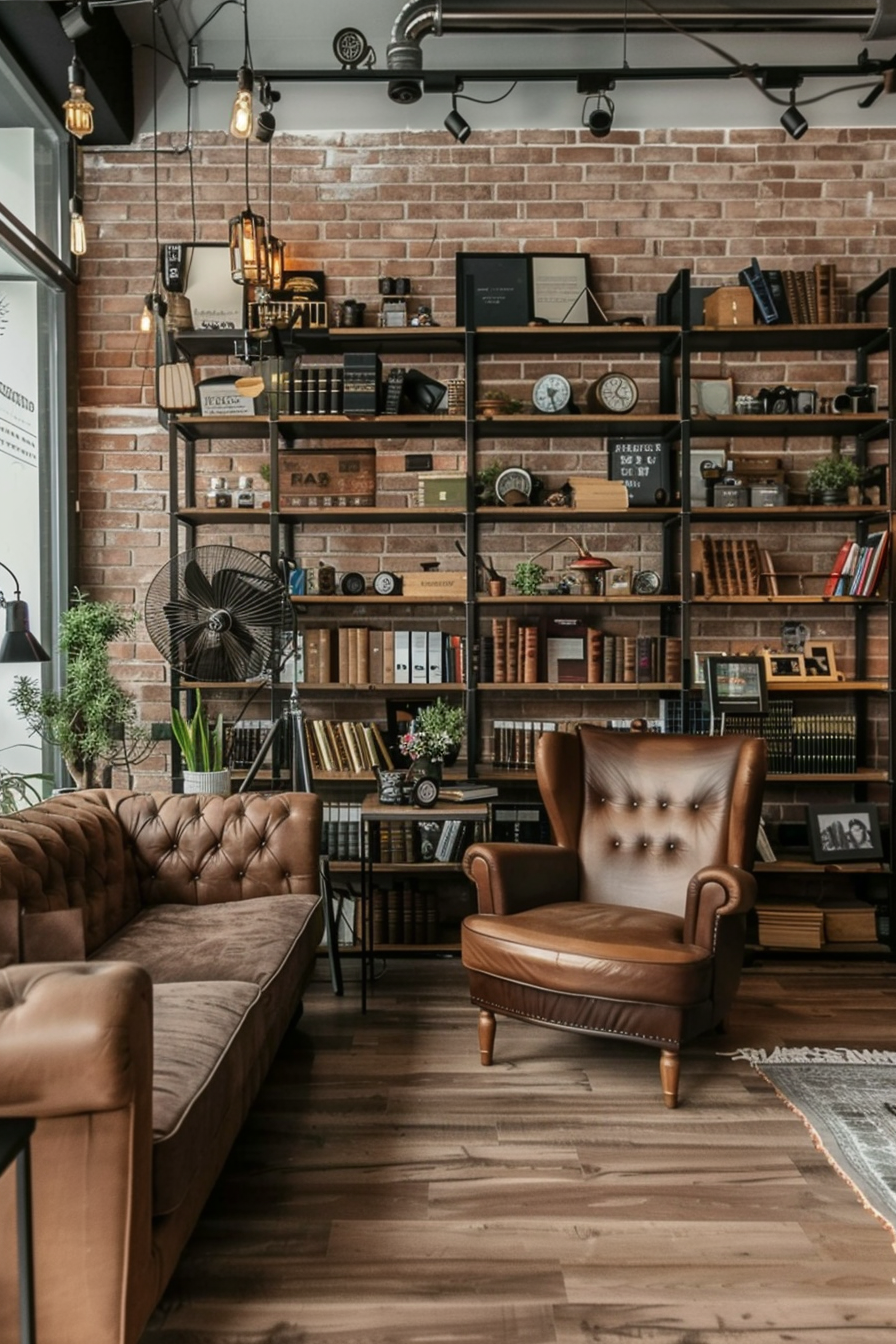 A cozy industrial-style home library.