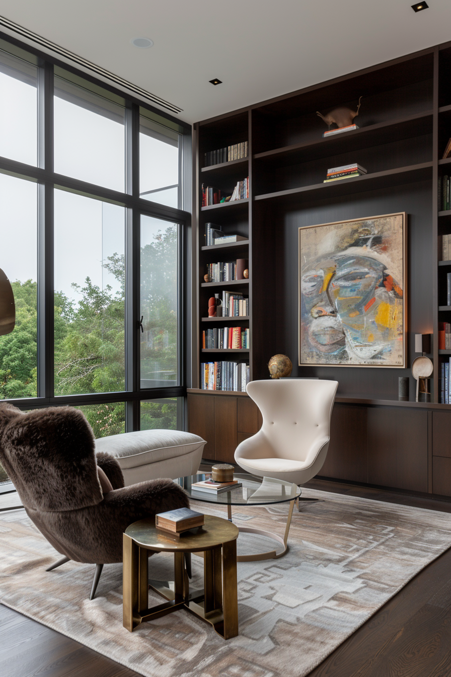 A cozy modern elegant home library.