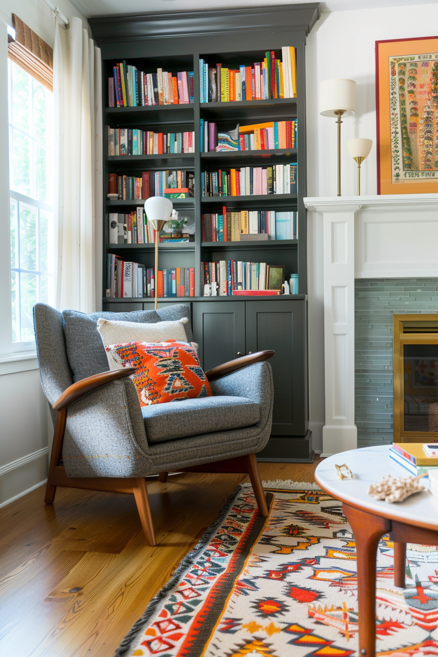 A cozy eclectic-style home library.