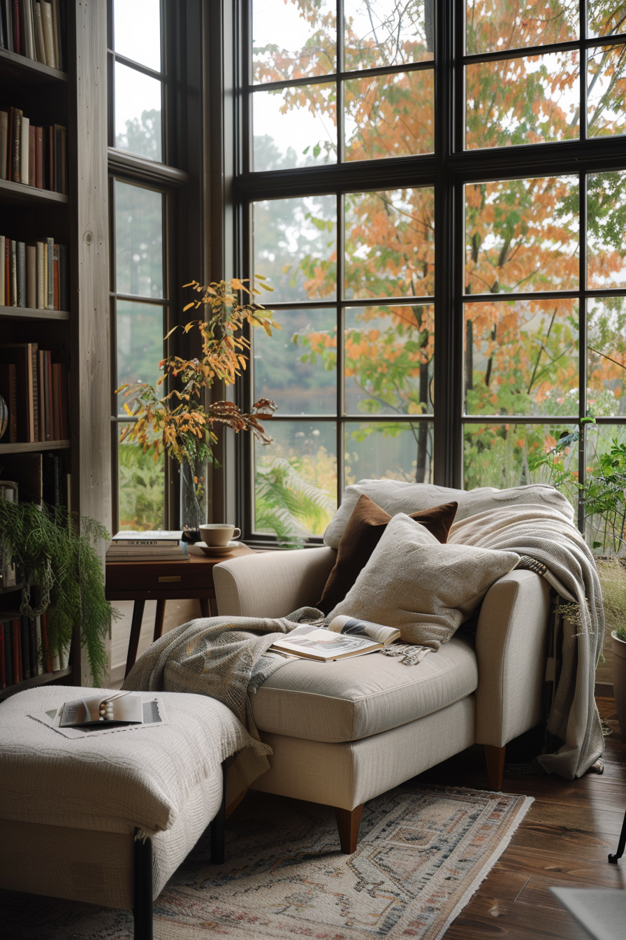 A cozy reading space with multiple seating options.