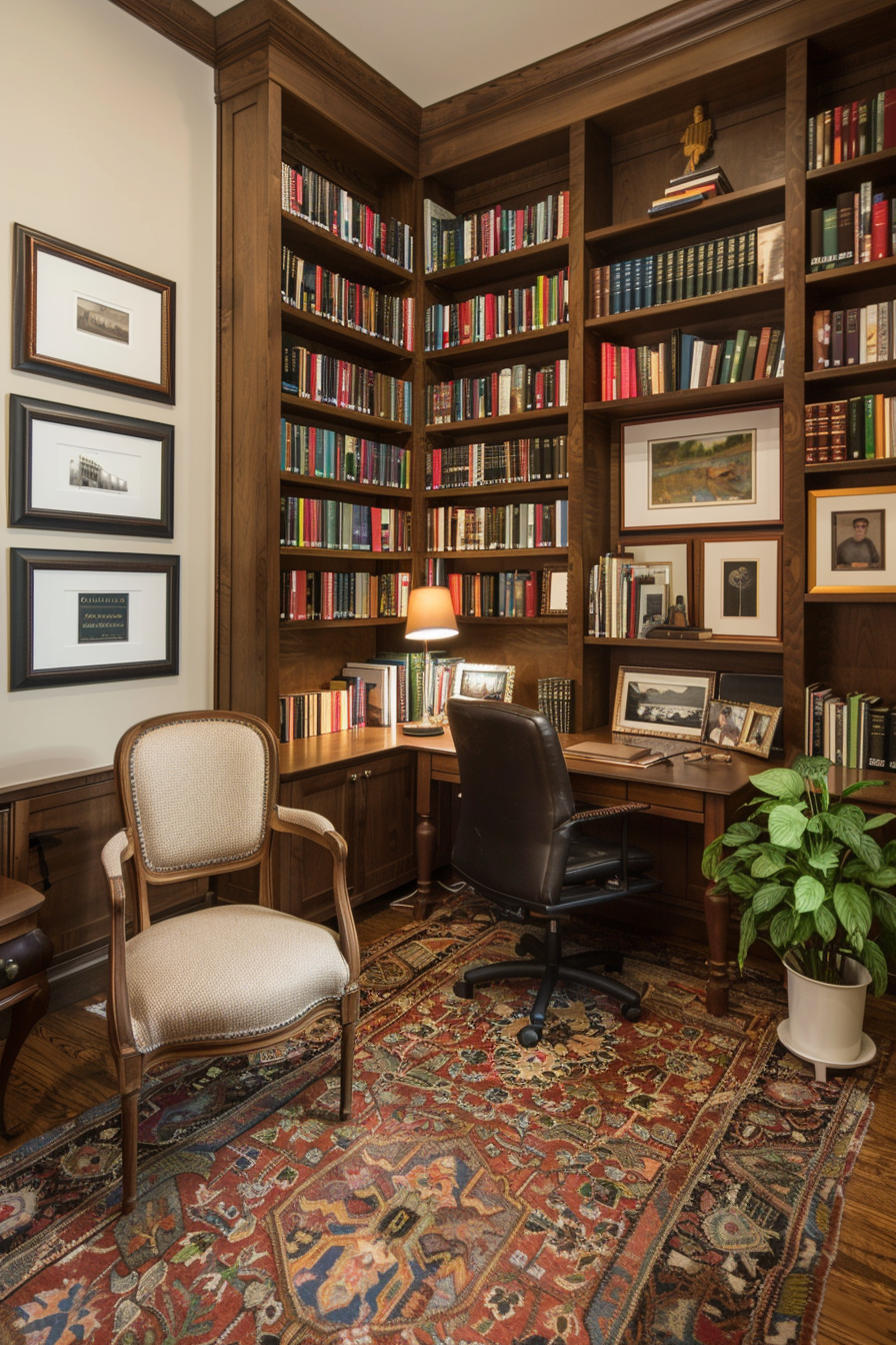 A home office with integrated library elements.