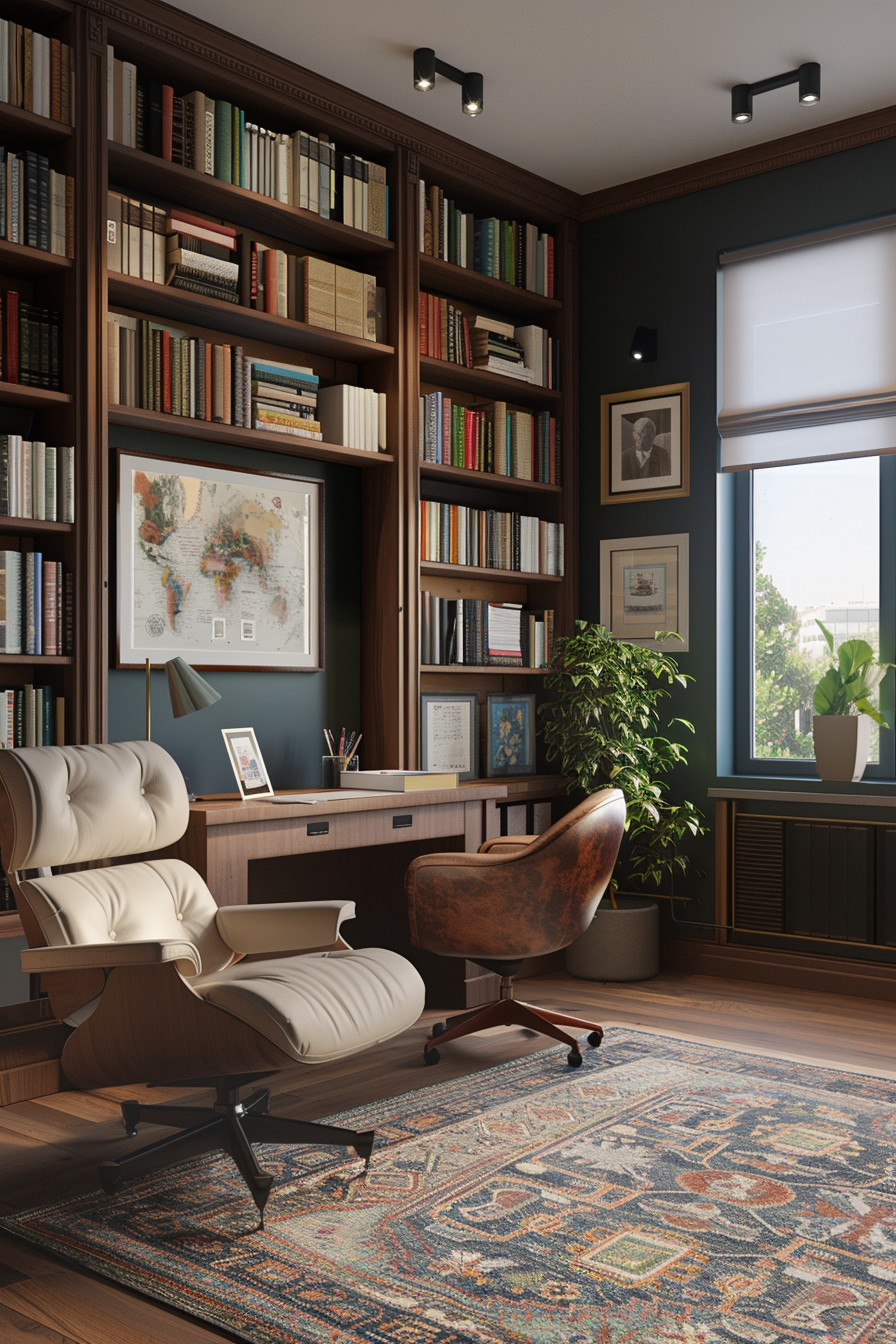 A home office with integrated library elements.