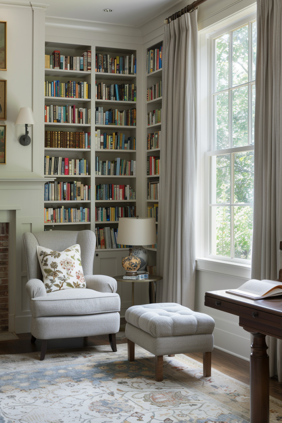 A cozy home library designed for a small space.