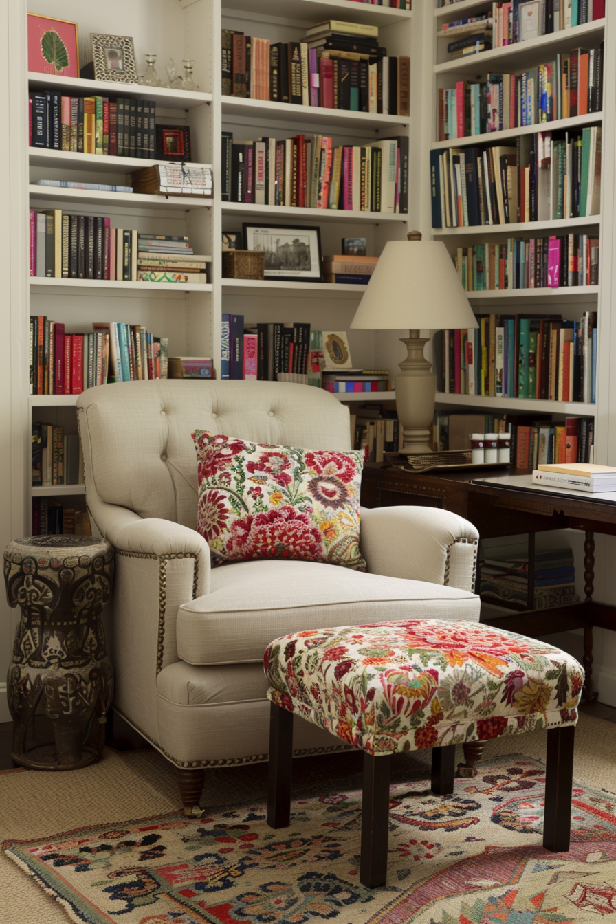 A cozy home library designed for a small space.