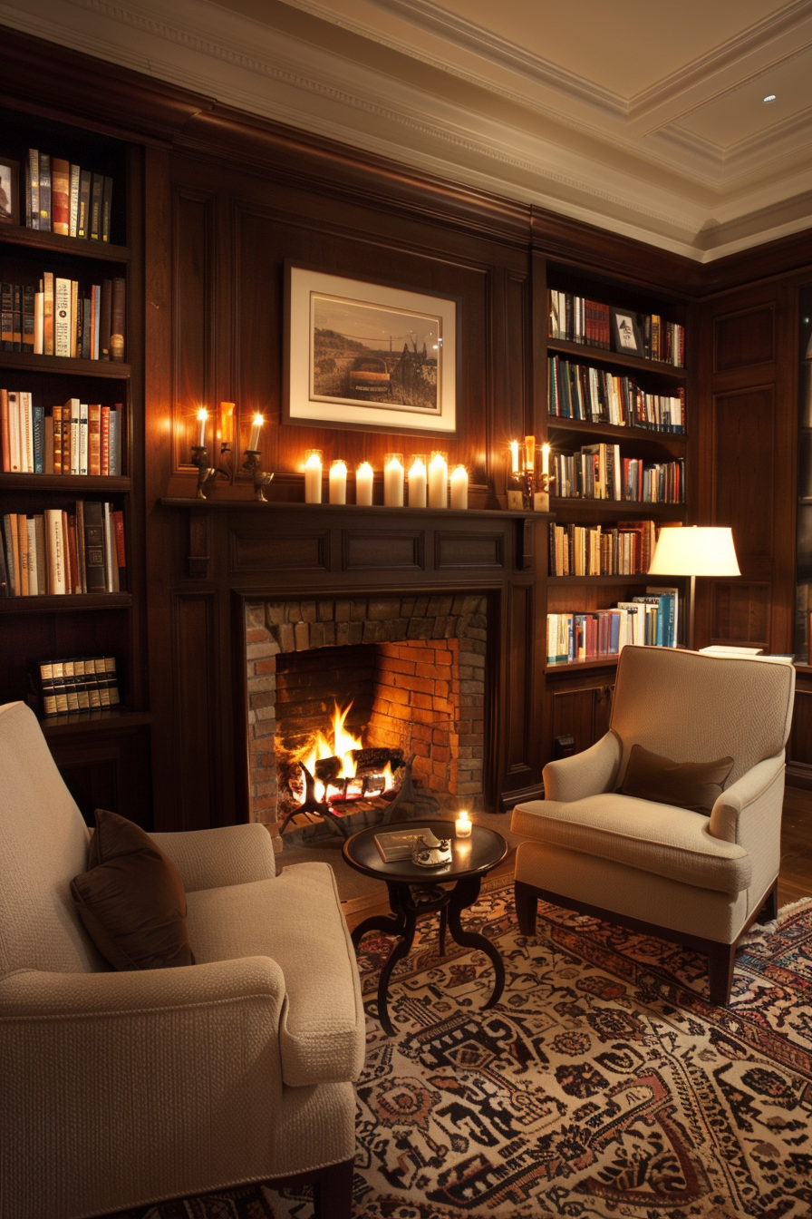 A cozy home library with a central fireplace.