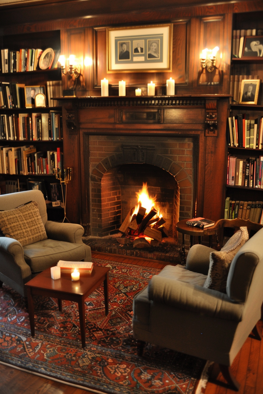 A cozy home library with a central fireplace.