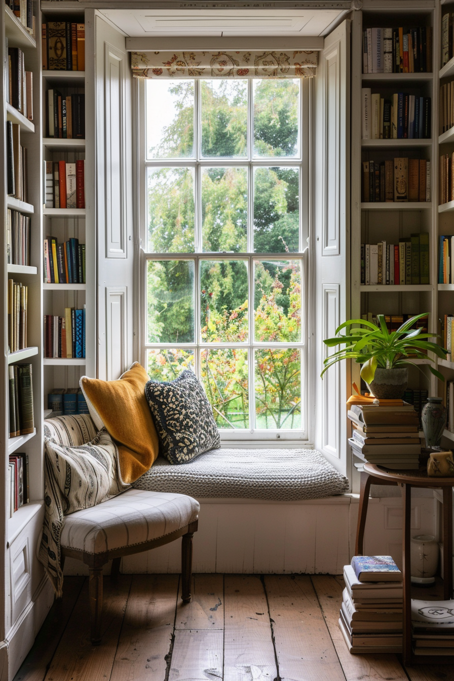 A cozy home library situated beneath a window.