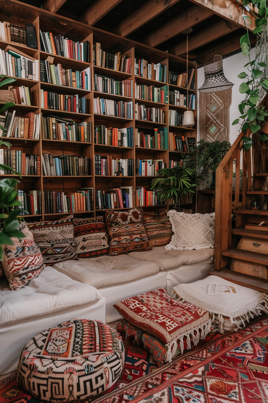 A cozy boho-style home library.