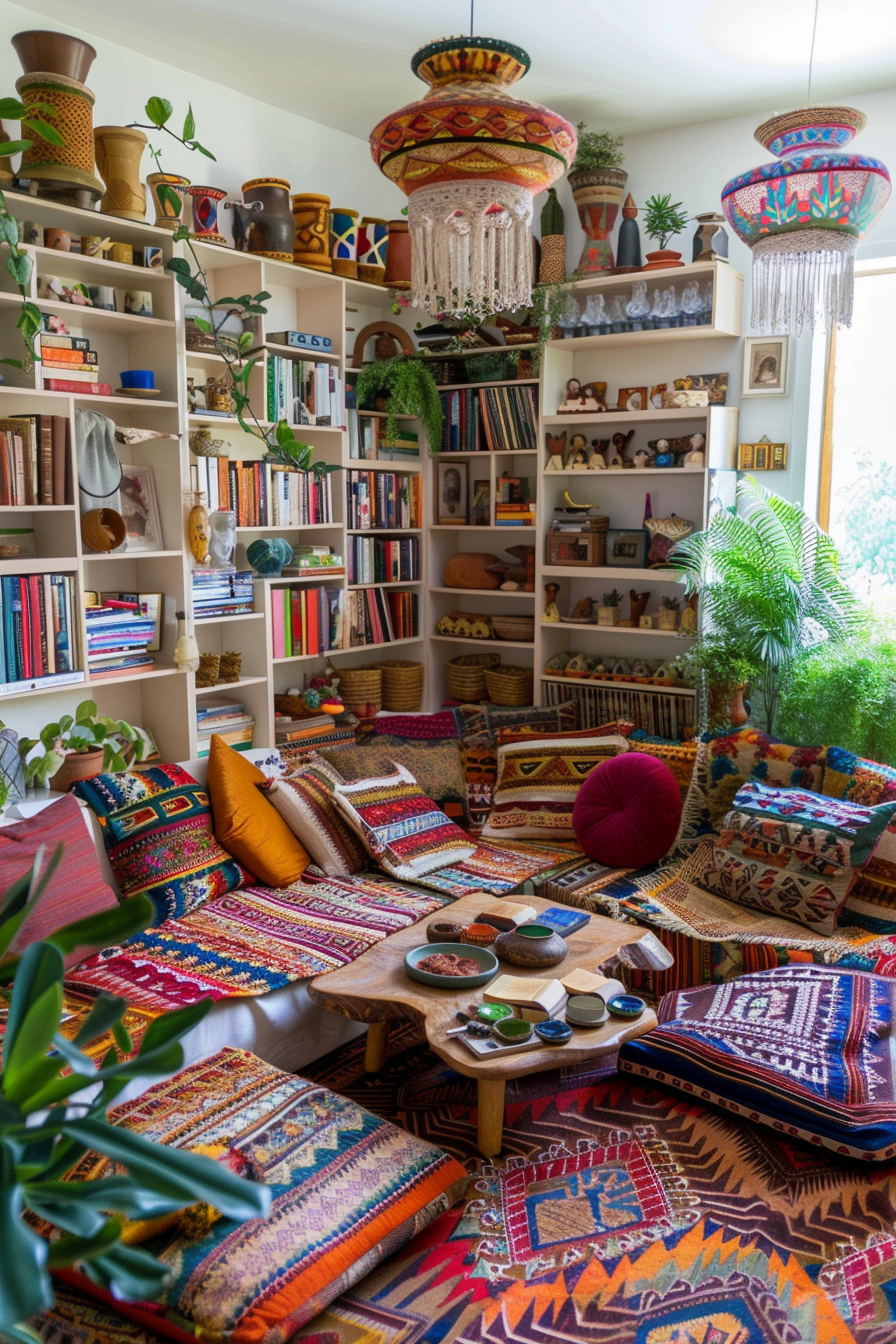 A cozy boho-style home library.