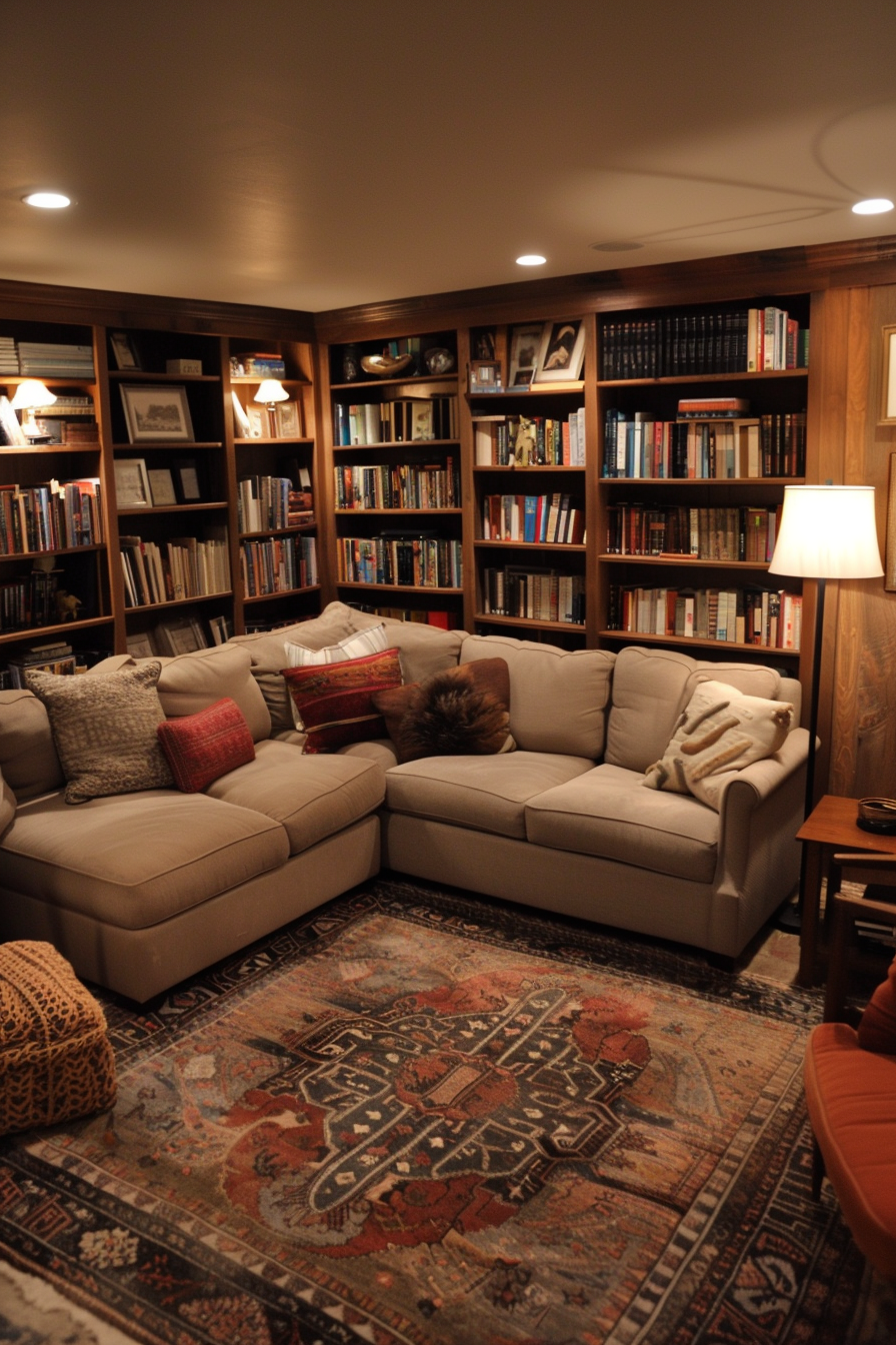 A cozy home library in a basement.