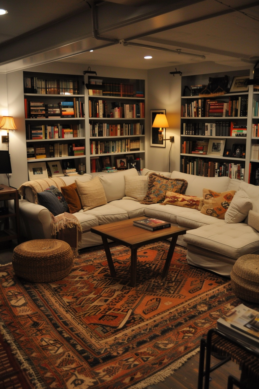 A cozy home library in a basement.