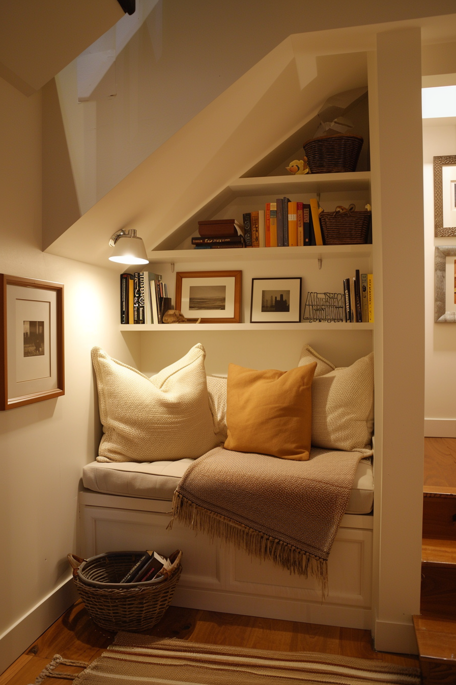 A cozy book nook in a small space.